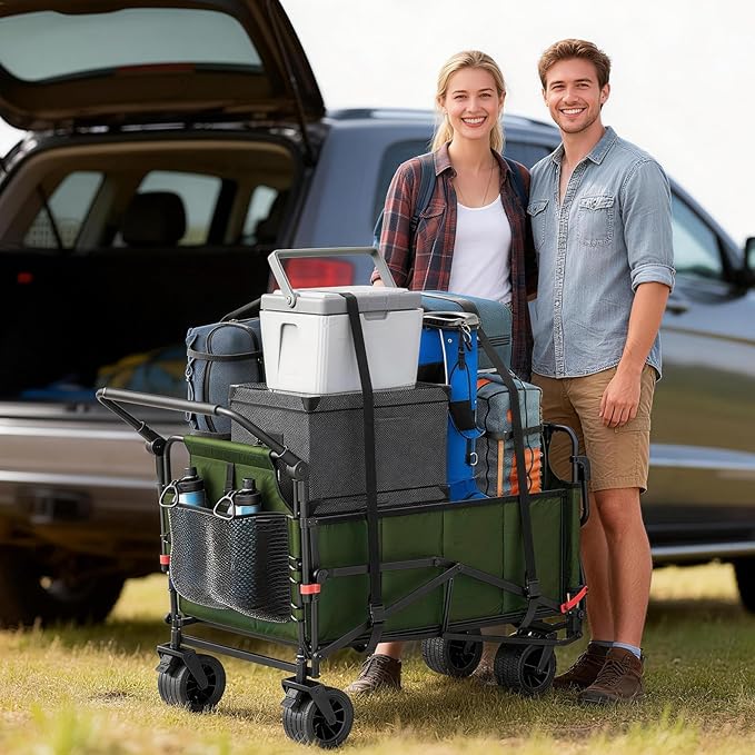 LEVELEVE Heavy Duty Folding Wagon - 2-in-1 Collapsible Cart, 650lb Capacity, All-Terrain Wheels w/Brakes & Side Pockets (Army Green)