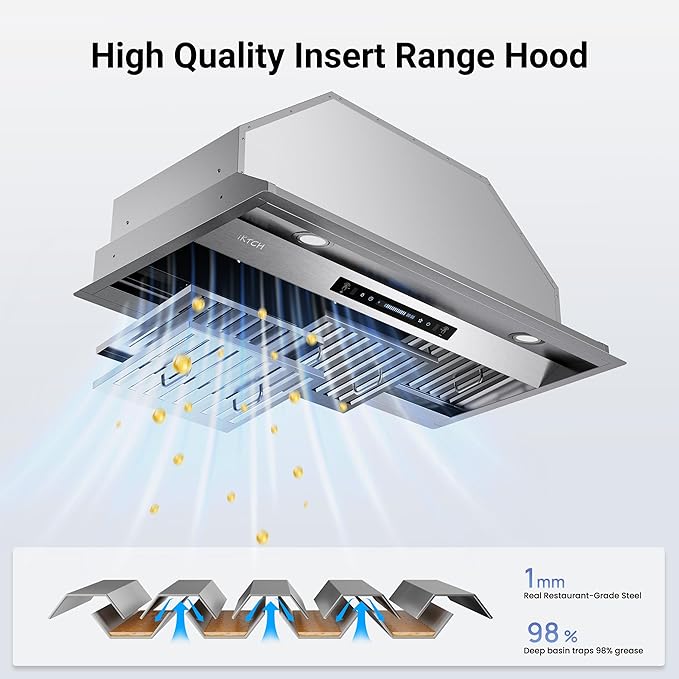 IKTCH 42 inch Built-in/Insert Range Hood 900 CFM, Ducted/Ductless Convertible Duct, Stainless Steel Kitchen Vent Hood with 2 Pcs Adjustable Lights and 3 Pcs Baffle Filters with Handlebar
