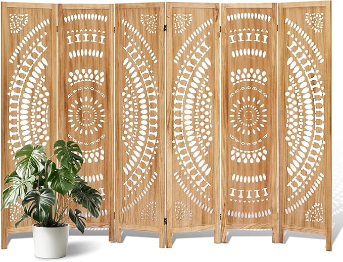 6 Panel Room Divider, 5.6 Ft Foldable Wood Room Divider Screen, Hand-Woven Folding Privacy Screens with Double Hinges, Wall Divider for Room Separation Bedroom Home Office - Carved Natural