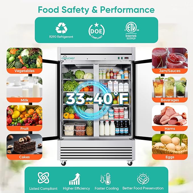 54" Commercial Glass Door Refrigerator, 49 Cu.Ft Double-Door Reach-In Cooler, 33–40℉, Double-Layer Low-E Glass, 8 Shelves, R290