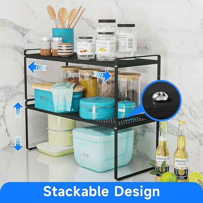 Expandable Cabinet Shelf Organizers, Kitchen Small Stand Rack Organization for Tabletop Countertop Cupborad Pantry, Black 2 Pack