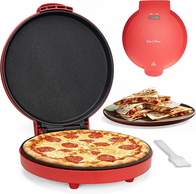 Baker’s Friend Countertop Pizza Maker Electric, 12 Inch Pizza Maker Machine for Home, Quesadilla Maker, Non-stick Cooking Plates, Horno Para Pizza, 1400W, Red