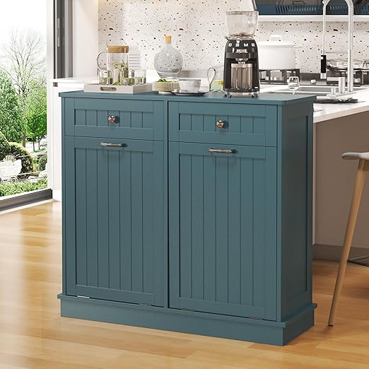 Tilt Out Trash Cabinet with Double Hidden Trash Can Holder, Kitchen Free Standing Recycling Cabinet,Dog Proof Trash Can,Wood, Teal