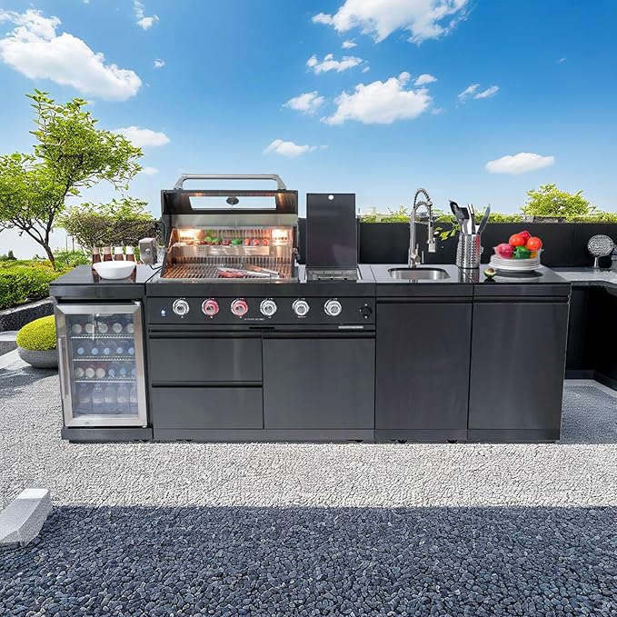 104 Inch Deluxe Stainless Steel Propane Gas Outdoor Kitchen Island Grill - 4-Burner 72000 BTU, 4 modular units for flexible and versatile combinations, Black