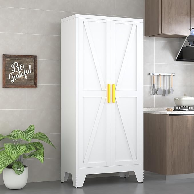 71" Tall Pantry Cabinet, White Metal Pantry Storage Cabinet, Kitchen Pantry Storage Cabinets with 2 Door and 4 Adjustable Shelves (White, 71" Modern)