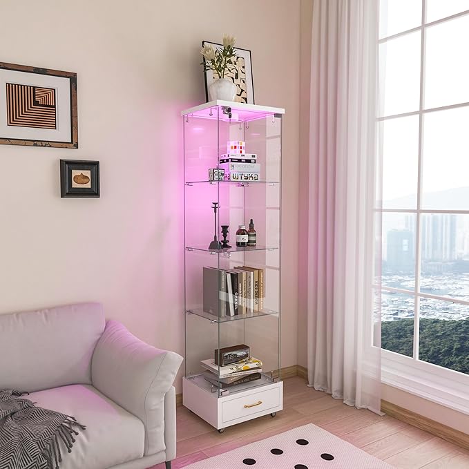 Yoluckea 4 Tiers Glass Display Cabinet with LED Lighting and Drawer, 1 Door Floor Standing Curio Cabinet with Wheel for Home, Office, Corner Display, White Glass Bookshelf for Collections and Decor