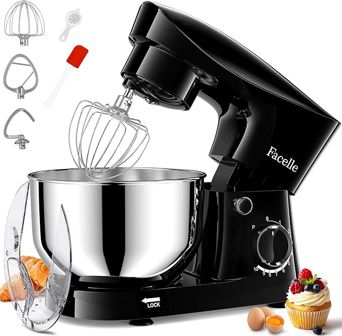 Facelle Stand Mixer, 10-Speed 6QT Kitchen Electric Mixer, Tilt-Head Food mixer with Beater, Dough Hook, Wire Whip and Egg Separator, scraper for Most Home Cooks (Black)