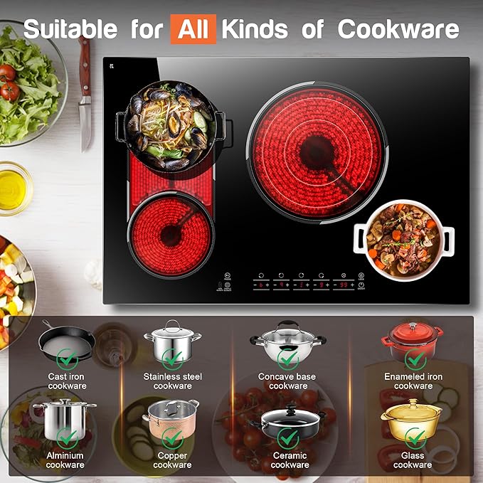 30 Inch Electric Cooktop, 4 Burner Ceramic Stove Top 7800W, Built-in Electric Stovetop with BBQ Burner, Touch Control, Timer, Child Safety Lock, Pause Function, 220-240V, Hard Wire, No Plug