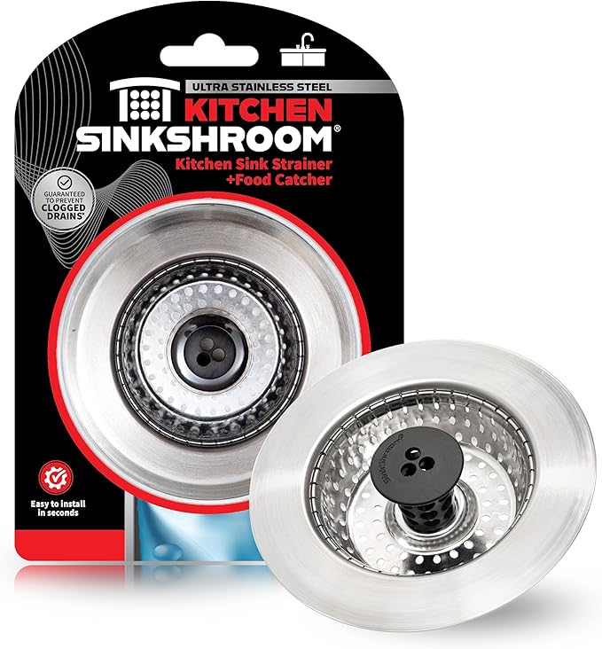 Kitchen SinkShroom Revolutionary Clog-Free Stainless Steel Sink Strainer, Black, 1-(Pack)