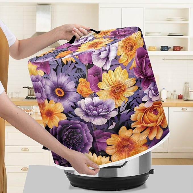 Flower Print Pressure Cooker Cover for 8 Quart Instant Pot and Air Fryer Accessories, Stain Resistant Washable Round Protective Cover Electric Appliance Cover with Front Pocket