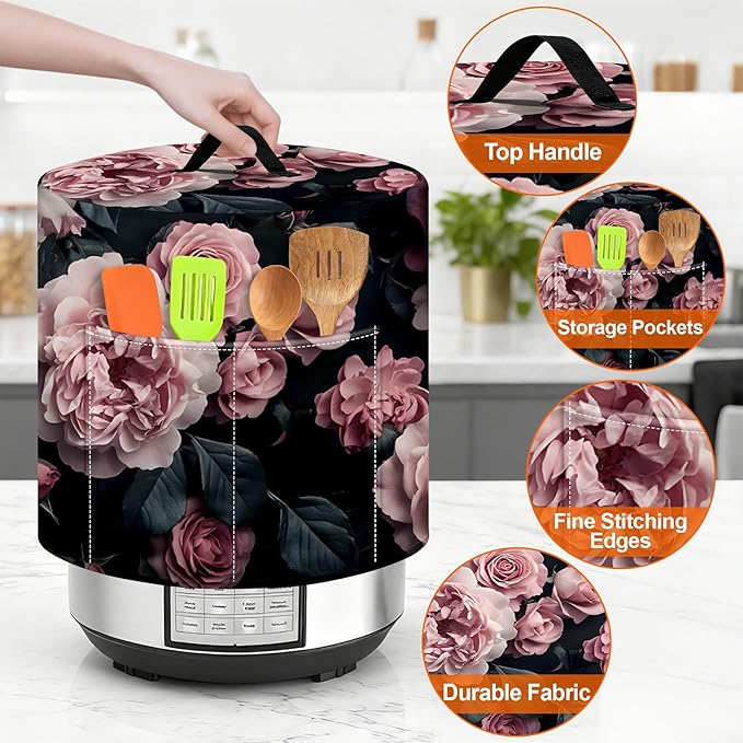 Kitchen Appliance Accessories Dust Cover for 3-6-8 Quart Instant Pot, Pressure Cooker, Air Fryer & Crock Pot,Decorative Appliance Cloth Cover with Top Handle & Storage Pockets (Pink, 6 Quart)