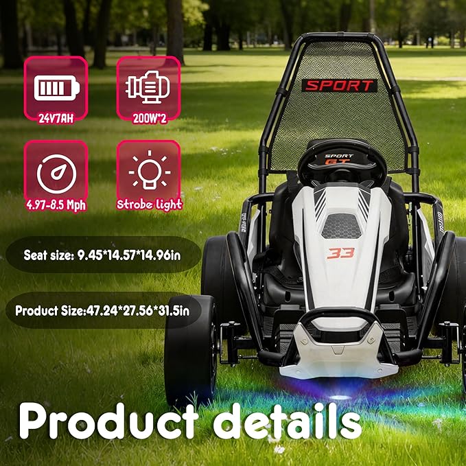 24V 8.5 MPH Electric Go Kart for Kids, 400W Powerful Drift Kart w/Front EVA Wheel & Metal Frame, Ride on Toy w/Music & Lights, Suspension, 2 Speed, 5 Point Harness, Crazy Cart for Ages 6+, Black