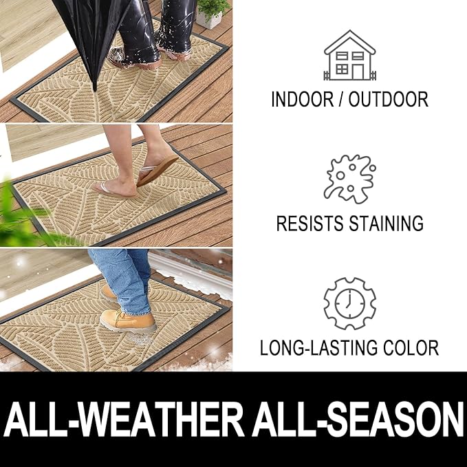 Colorxy Waterproof Doormat, Sturdy Natural Rubber Front Indoor Mat, Non Slip Low Profile Indoor Outdoor Door Mats, Stain and Fade Resistant Floor Mat, Easy Clean Patio Entrance Mat, 36''x24'', Beige