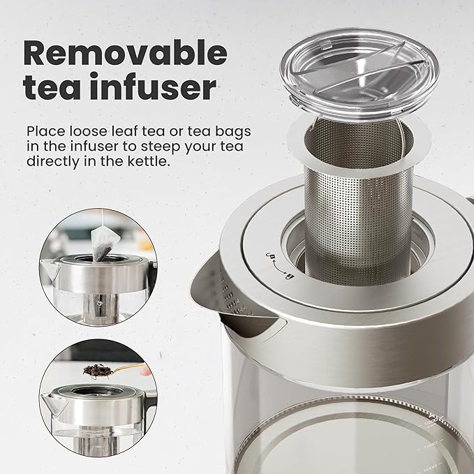 Vianté Electric Kettle With Infuser. No Plastic In Contact With Water. Hot Tea Maker With Temperature Control And Automatic Shut Off. Tea Kettle With Brewing Programs. 1.5 Liters Capacity