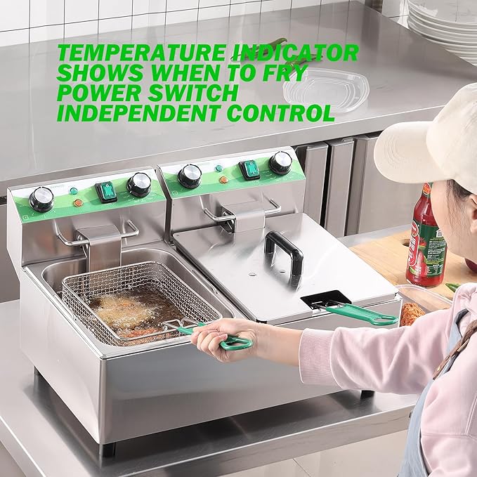 20L/21.2QT Commercial Deep Fryer with Timer Dual Tank Electric Countertop Fryer with Double Baskets and Lids, Temp Control, 3400W/110V Stainless Steel Large Deep Fryer for Restaurant Kitchen