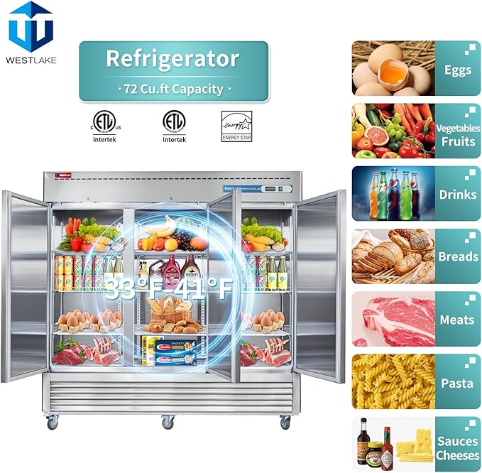 WESTLAKE 82" W Commercial Refrigerator 3 door 3 Section Stainless Steel Reach in Solid door Upright Fan Cooling 72 Cu.ft Cooler for Restuarant, Bar, Shop, etc