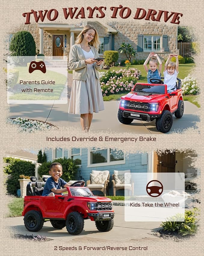 First Ride On 24V 2 Seater Ride on Toys for Kids, Licensed Ford F-150 Raptor Kids Electric Vehicles w/Remote Control, Power Pedal and Durable Wheels, LED Lights, Bluetooth, Truck Bed Storage (Red)