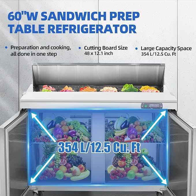 48" W Commercial Refrigerator Sandwich Salad Prep Table, Sandwich Prep Table Refrigerator, Salad Bar Buffet Station For Home with 2 Shelves, Sandwich Prep Table with 12 Pans for Restaurant