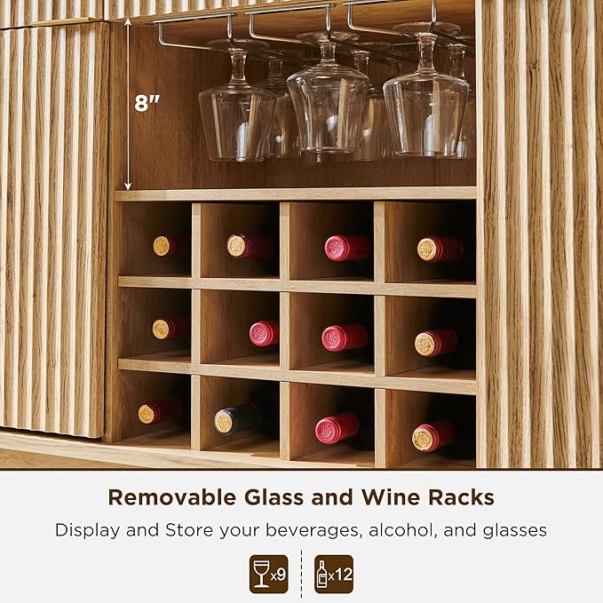 OKD 60" Fluted Buffet Cabinet with Storage - 3 Drawers and 2 Doors, Mordern Wine & Coffee Bar Cabinet with Wine and Glass Racks, Sideboard with Adjustable Shelves for Kitchen, Dining Room,Natural Oak | for Liquor, w/Wine & Glass Rack, 3 Storage Drawers...