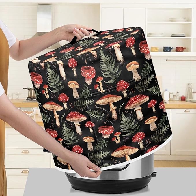 Mushroom Green Leaves Pressure Cooker Cover Dust-Proof Kitchen Appliance Cover Air Fryer Cover for 8 Quart Instant Pot, with Handle and Pockets Keep Kitchen Appliance Clean Home Décor