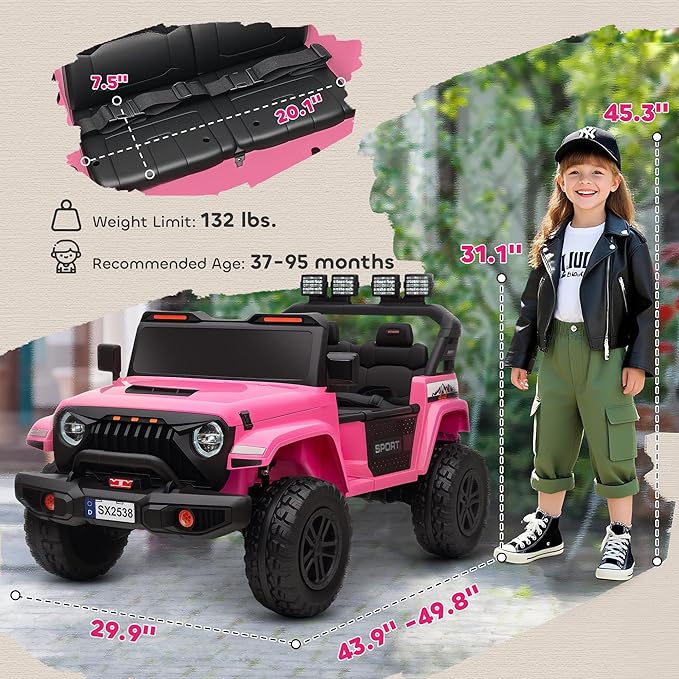 Qaba 24V 2-Seater Kids Ride on Truck Car, 44-50" L Adjustable 4WD Electric Car, 5 MPH Max Speed, Remote Control, Spring Suspension, Storage and LED Lights for Kids Ages 37-95 Months, Pink