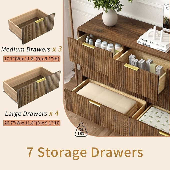 7 Drawers Dresser for Bedroom，55" Wide Fluted Dresser with Deep Drawers, Modern Chest of Drawers, Mid Century Wood TV Stand Storage Organizer for Closet, Living Room, Hallway, Natural