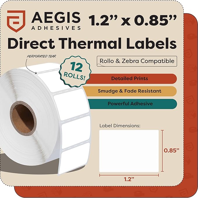 Aegis Adhesives - 1.2" X 0.85" Direct Thermal Labels (12 Rolls, 1500 Labels/Roll) Multipurpose Return Address, QR Barcodes - Perforated, Compatible with Zebra Desktop Printers - NOT Rollo Compatible