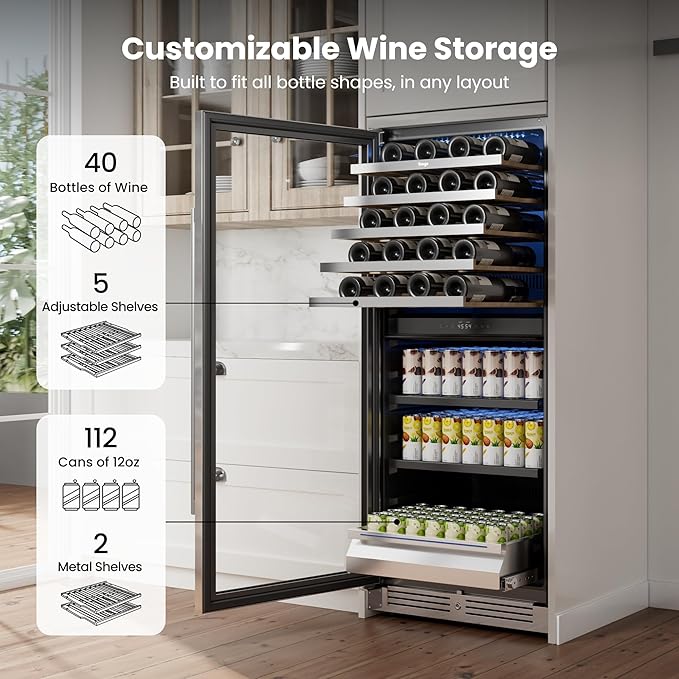 Yeego 24 Inch Wine Fridge - 40 Bottles and 112 Cans Dual Zone Wine Cooler with Glass Door, 34-65℉ Built-In or Freestanding Refrigerator with Lock and 2 Color LED for Kitchen Bar Office (Left-Hinged)