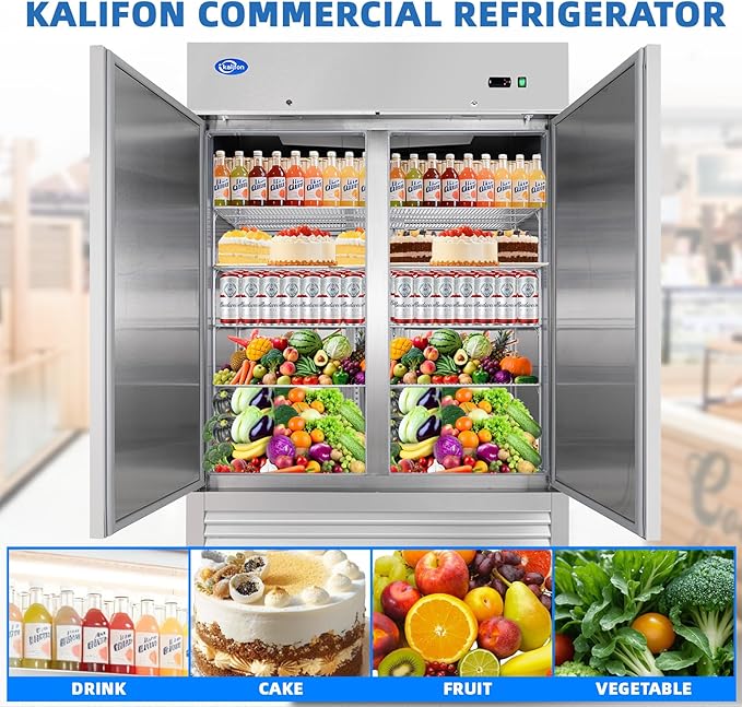 54" Commercial Refrigerator with 2 Solid Door, 49 Cu.ft Reach-in Stainless Steel Refrigerator, Fan Cooling Refrigerator for Restaurant, Bar, Home, Shop