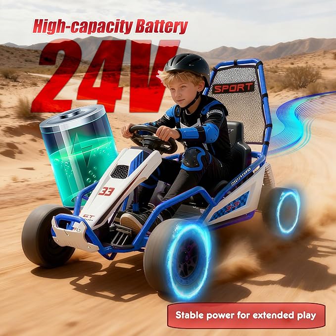 24V 8.5 MPH Electric Go Kart for Kids, 400W Powerful Drift Kart w/Front EVA Wheel & Metal Frame, Ride on Toy w/Music & Lights, Suspension, 2 Speed, 5 Point Harness, Crazy Cart for Ages 6+, Blue