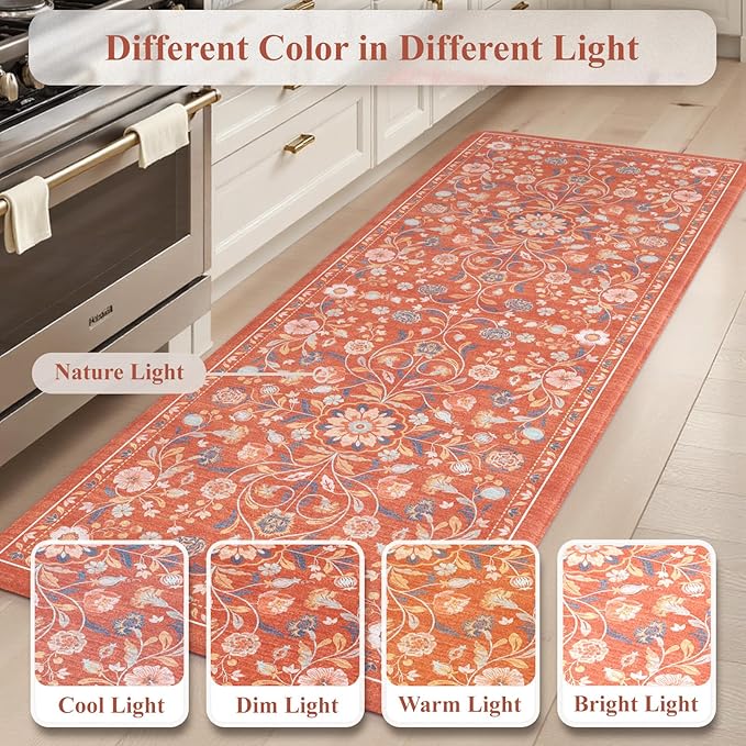 KIMODE Anti Fatigue Mat for Kitchen Floor Non Slip,Boho Vintage Floral Kitchen Rugs Sets of 2,Cushioned Memory Foam Waterproof Standing Carpet for Laundry Sink Home,Red