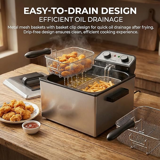 Electric Deep Fryer for Home Use, 1800W Stainless Steel Countertop Fryer with 5L Oil Tank, Removable Frying Basket & Adjustable Temperature