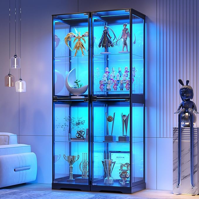 Glass Display Cabinet with Doors, 65" Tall 4-Tier Curio Display Case with 3 Color Lights and Human Body Sensor, Bookcase for Collectibles, Black