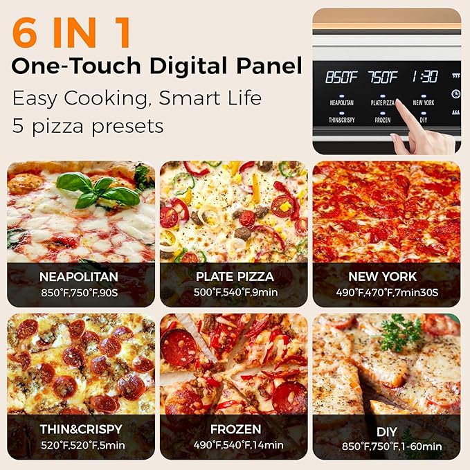 Pizza Oven Indoor,pizza maker,Makes 12 Inch Pizzas in 90s at 850°F,Countertop Electric Pizza Oven with Continuous Baking Without Reheating,Pizza Cooker with 6 Preset Modes,Pizza Stone&Peel Included