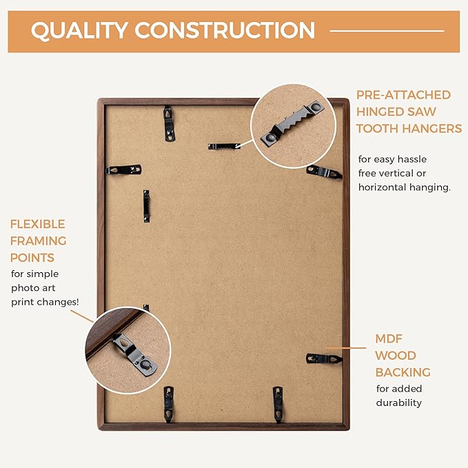 Axeman 12 x 16 Walnut Frame - Rounded Corner 12x16 Picture Frame Matted to 8.5x11 - Natural Walnut Wood Photo Frame with Tempered Glass for Wall Mount Display