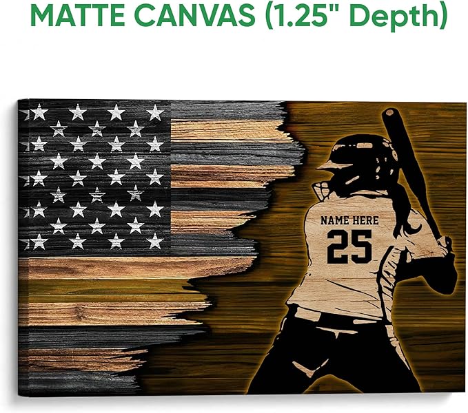 Personalized Softball Poster & Framed Canvas, Softball Player American Flag - Inspirational Quote Motivational Home Office Decor, Custom Name Number Bedroom Living Room Aesthetic Wall Art