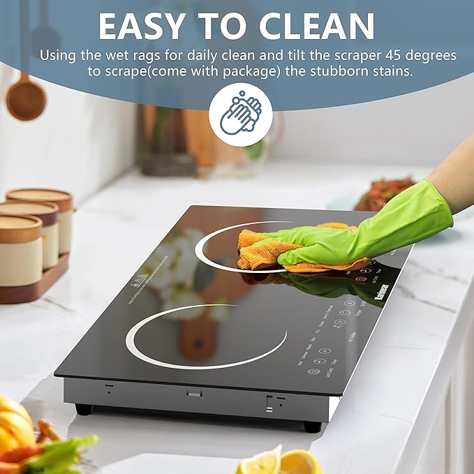 Karinear 2 Burners Electric Cooktop 24 Inch, 110v~120v Countertop and Built-in Elecric Stove Top, Portable Electric Radiant with Outlet Plug, Sensor Touch, Child Safety Lock, Timer(white)