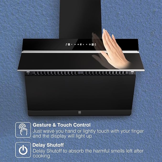 Under Cabinet Range Hood 30 inch,Wall Mount Kitchen Hood 900 CFM with Heating Auto-cleaning Function, Gesture& Touch Control,Tempered Glass Surface Vent Hood 3 Speed Exhaust Fan,Baffle Filters