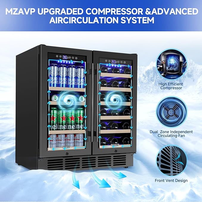 30 Inch Wine and Beverage Refrigerator, Dual Zone Wine Beverage Cooler, 30" Wine Cooler Under Counter or Freestanding Wine Beer Fridge with Upgraded Cooling, Holds 30 Bottles and 110 Cans, Black