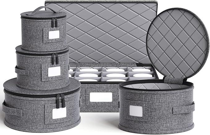 China Storage Containers Hard Shell Plate Storage Containers Box for moving Dishes, Dinnerware, Mugs, Glasses, Wine and Saucer Quilted and Stackable Organizer with Felt Plate Dividers 5 Piece Set Grey
