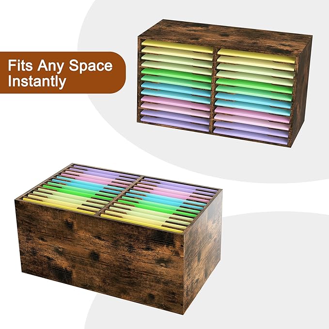 EasyPAG Scrapbook Paper Storage Organizer for Craft Room, 12x12 Paper Storage Desk Shelf, 24 Slot Adjustable File Sorter for Office School Classroom, Antique