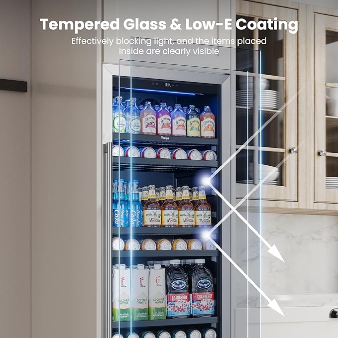 Yeego Beverage Refrigerator & Drink Fridge - 24 inch 378 Cans Beer Cooler with Glass Door, 34-54℉ Built-in or Freestanding Refrigerator with Door Lock, For Drink Soda Wine and Kitchen, Bar or Office