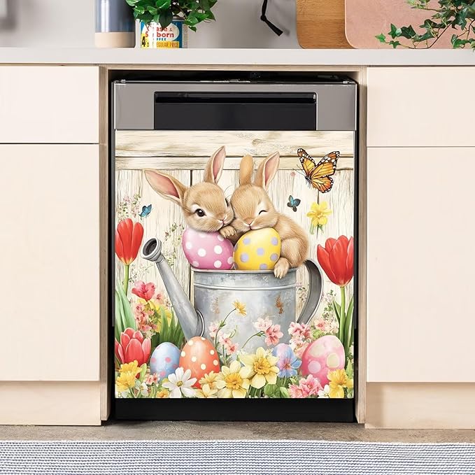 Easter Bunnies Dishwasher Magnet Cover,Pastoral Flowers Butterfly Magnetic Dishwasher Cover Vinyl Sticker,Eggs Fridge Door Cover Magnets Art Skin Panel Decal,Home Decor Decal,23"X26"