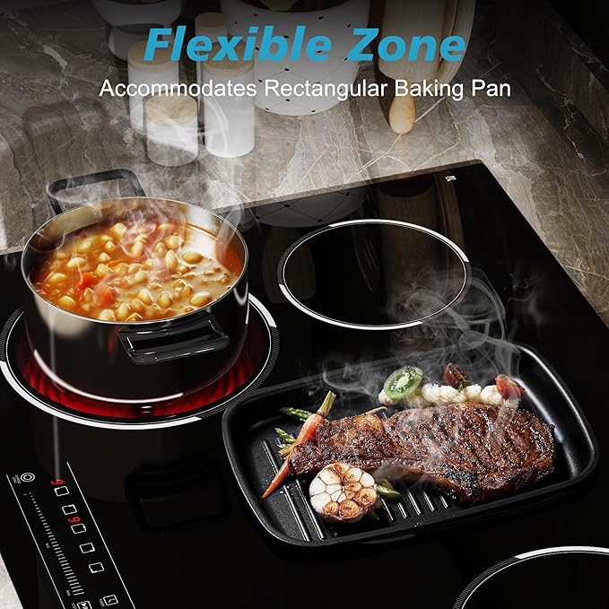 5 Burner Electric Cooktop, 30 Inch 8400W Built-in Electric Stovetop, Glass Ceramic Cooktop with Expanded Zone, Slide Touch Control, Child Lock, Timer, Pause, 220V - 240V Hard Wire, No Plug