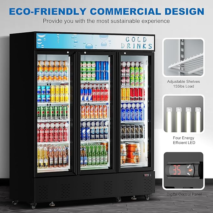 73" Commercial Beverage Refrigerators Glass Door Refrigerator,55 Cu.ft.Upright Display Cooler with Soft LED Light and Adjustable Shelves for Restaurant Grocery Stores Home