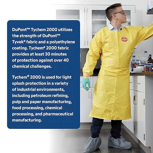 DuPont Tychem 2000 QC275B 44-Inch Sleeved Apron with Elastic Cuffs, Neck Loop, Snaps, Waist Ties and Bound Seams, Yellow, 2X-Large (Pack of 25)