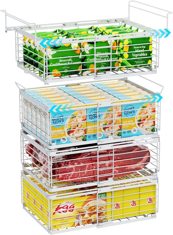 iSPECLE Deep Freezer Organizer Bins for 10 to 20 Cu.Ft, 4 Pack Stackable & Hanging Baskets, Expandable Metal Wire Storage System, Fits 17.5"-22.6" Width, Chest Freezer Only, White