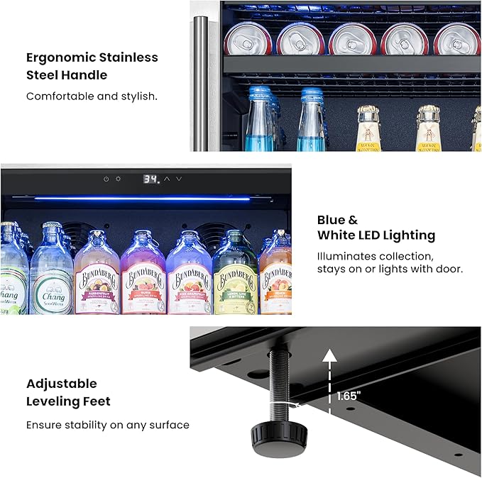 Yeego 24 Inch Large Capacity Beverage Refrigerator, 378 Cans Beverage Cooler with Glass Door & Lock, Built-In or Freestanding Drink Fridge for Soda, Beer & Wine, Office, Bar or Entertainment Area