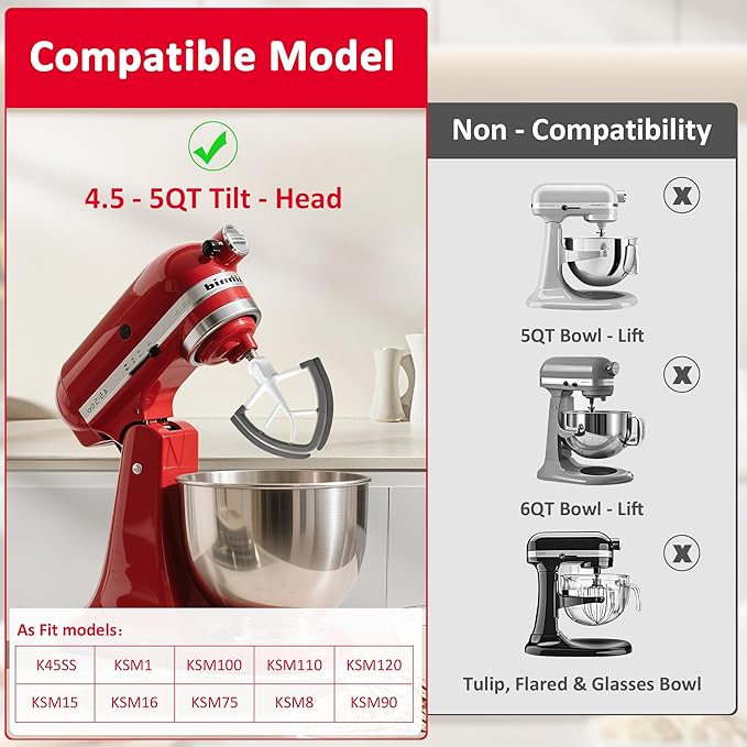 Flex Edge Beater for KitchenAid 4.5/5 Qt Tilt-Head Stand Mixer – Silicone Paddle, Dishwasher Safe, Flexible Silicone Edges Bowl Scraper For Kitchen Aid Accessories and Attachments (Grey)