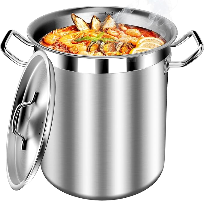 Extra Large Stock Pot 100 Quart (25Gallon) – Professional Stainless Steel Stockpot with Lid – Heavy Duty Cooking Pot for Commercial Kitchens, Canning, and Outdoor Seafood Boil